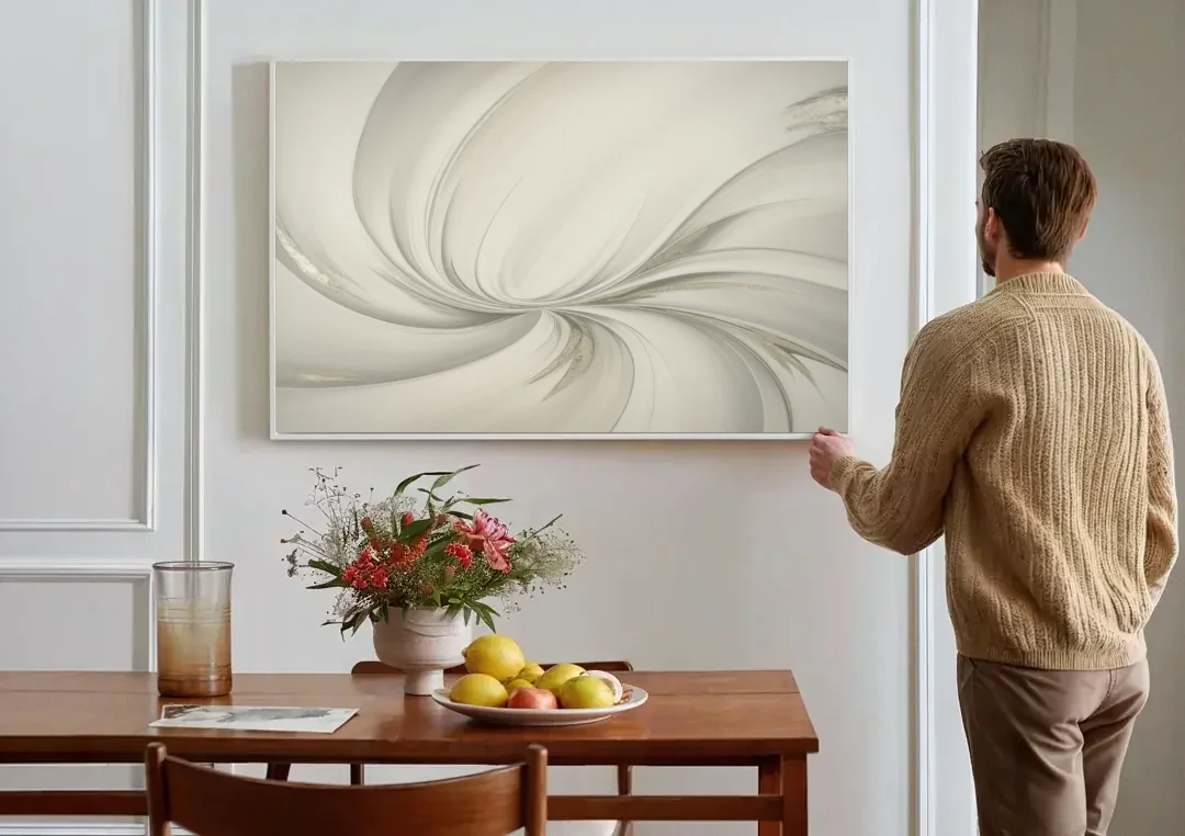 Sophisticated Swirling White Abstract canvas wall art above a dining table