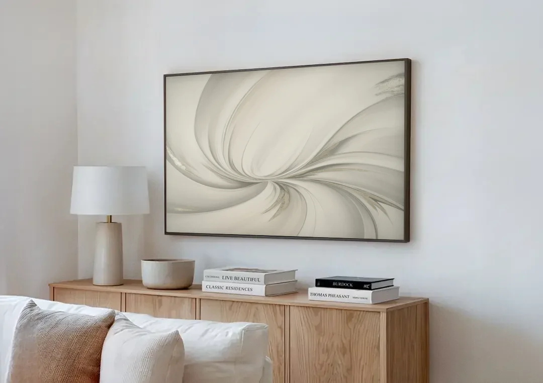 Sophisticated Swirling White Abstract canvas wall art above a wooden sideboard next to a sofa