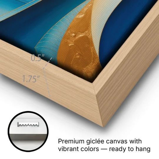 Sophisticated Tranquility Blue and Gold Abstract - Oak Framed Canvas Wall Art - Gallery Wrap Corner
