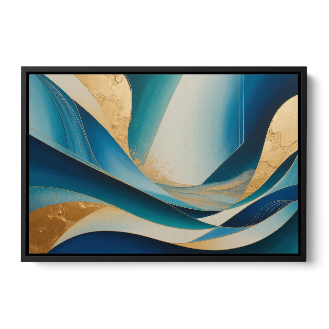 Sophisticated Tranquility Blue and Gold Abstract - Black Framed Canvas Wall Art - Front