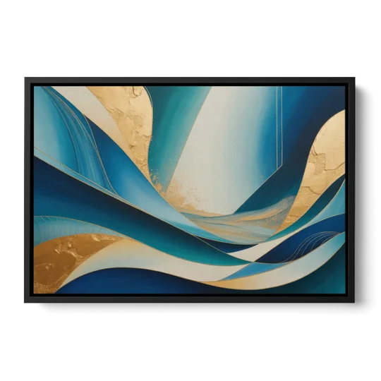 Sophisticated Tranquility Blue and Gold Abstract - Black Framed Canvas Wall Art - Front
