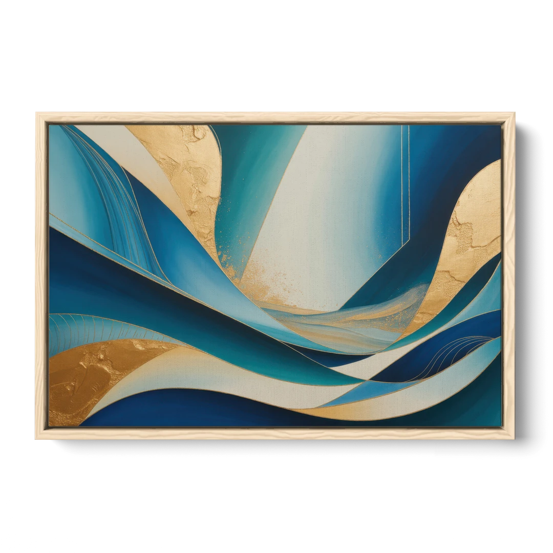 Sophisticated Tranquility Blue and Gold Abstract - Oak Framed Canvas Wall Art - Front