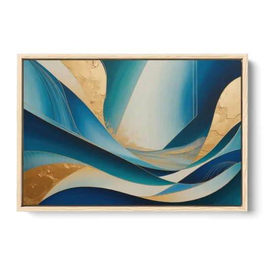 Sophisticated Tranquility Blue and Gold Abstract - Oak Framed Canvas Wall Art - Front