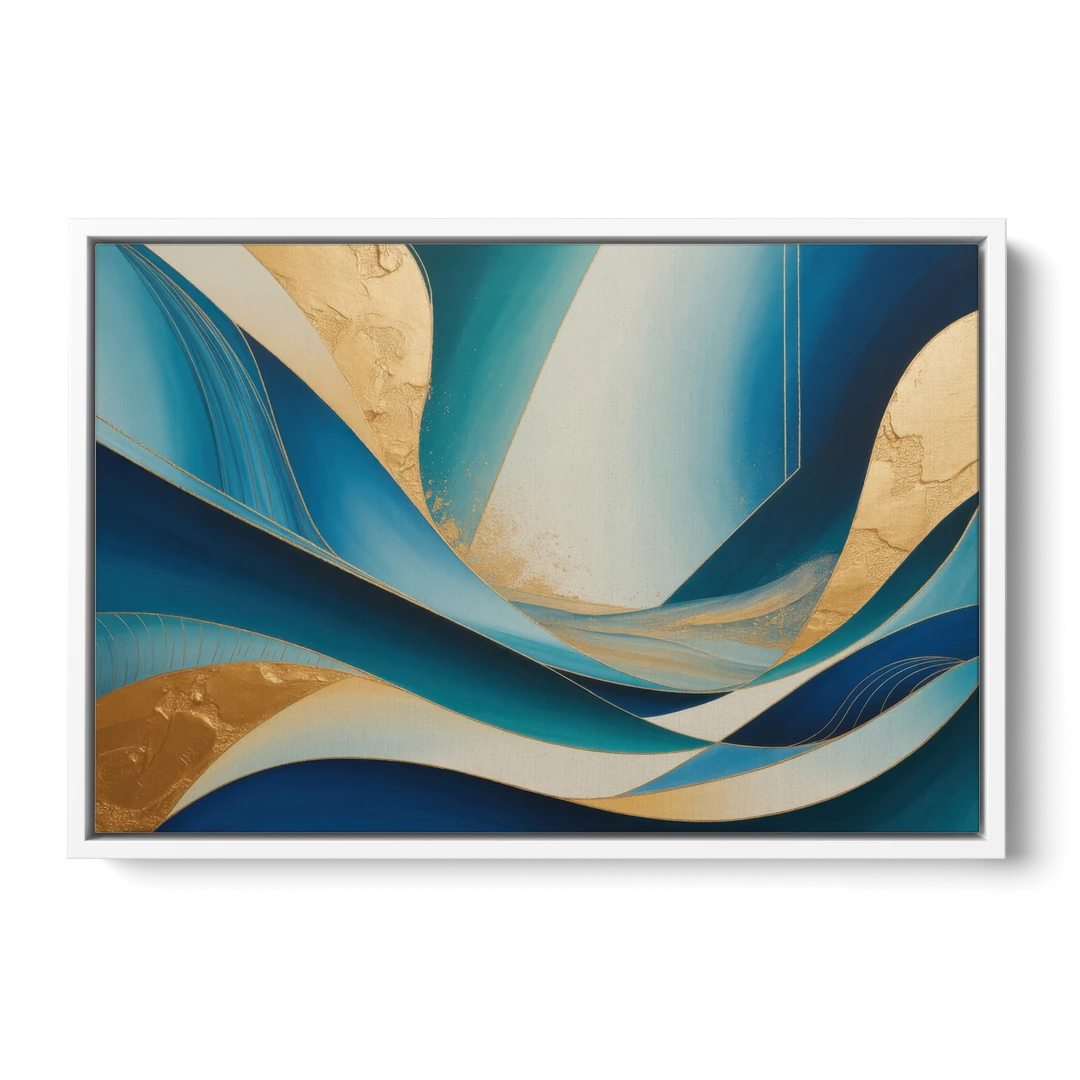 Sophisticated Tranquility Blue and Gold Abstract - White Framed Canvas Wall Art - Front