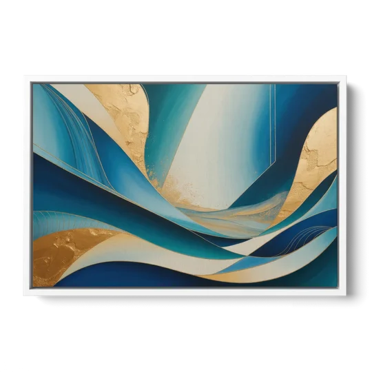 Sophisticated Tranquility Blue and Gold Abstract - White Framed Canvas Wall Art - Front