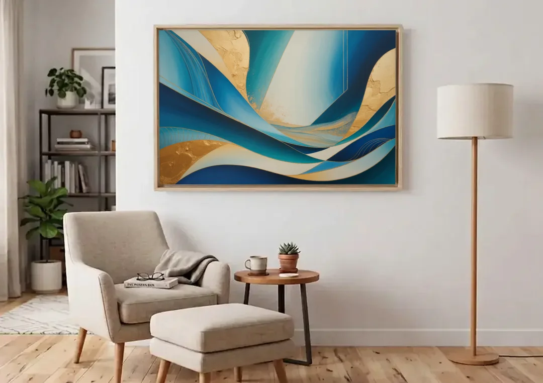 Sophisticated Tranquility Blue and Gold Abstract canvas wall art above an armchair in a bright living room