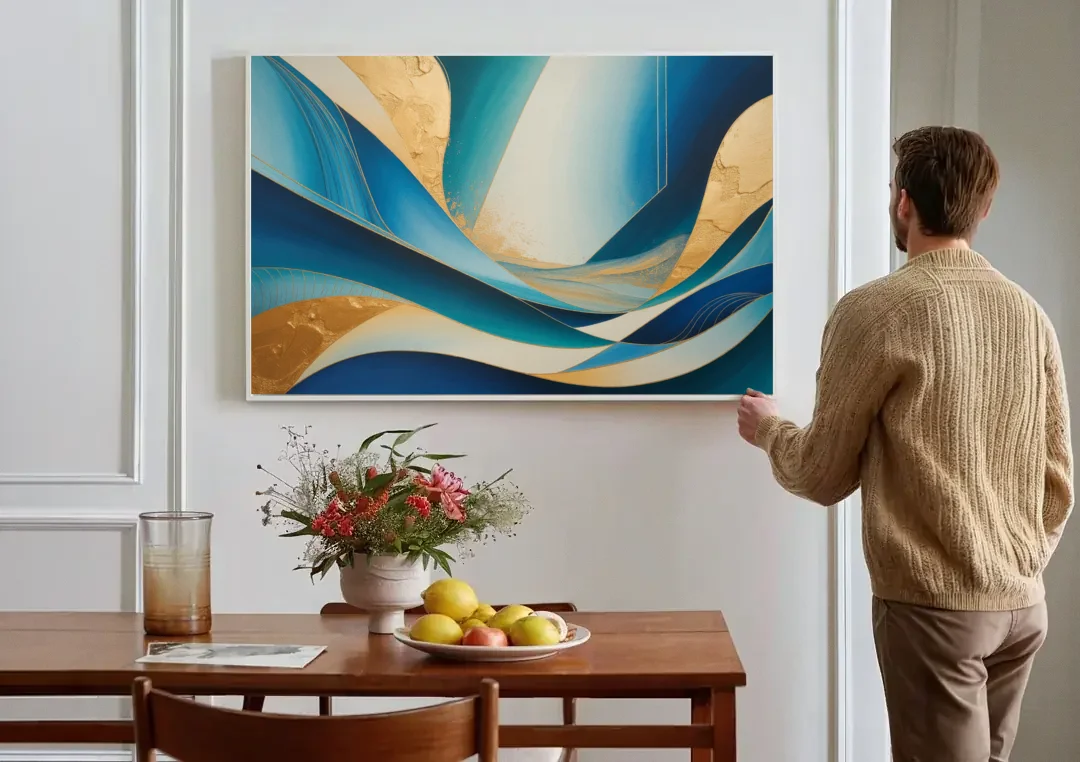 Sophisticated Tranquility Blue and Gold Abstract canvas wall art above a dining table