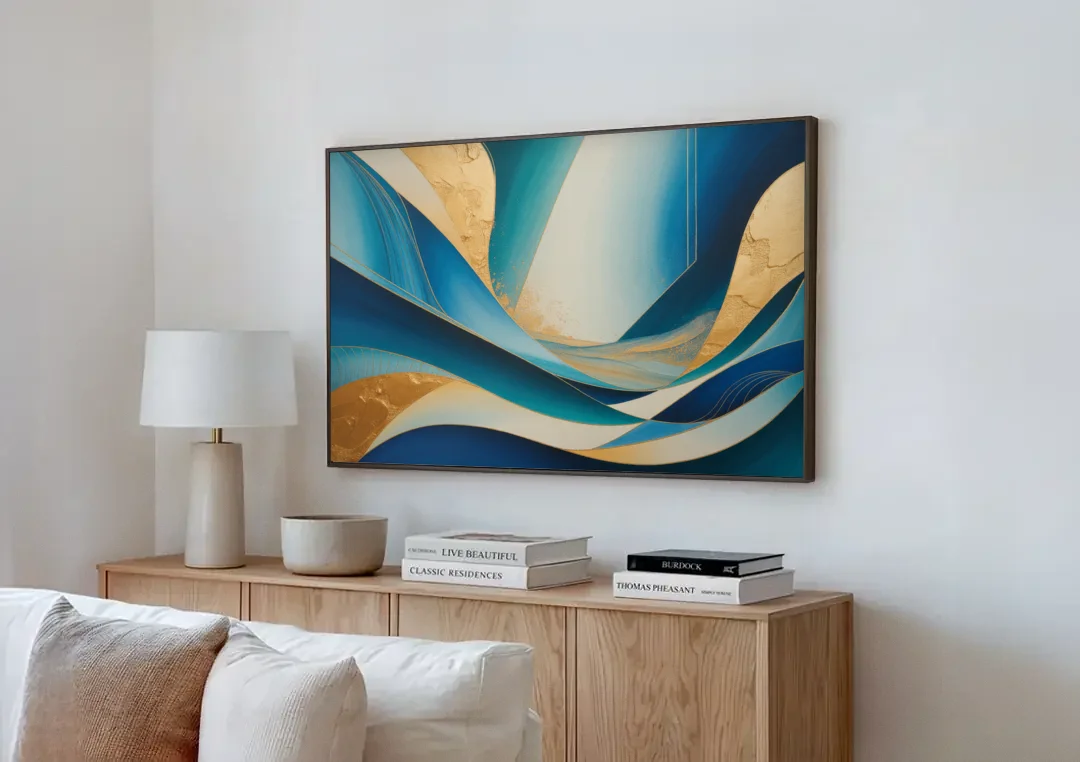 Sophisticated Tranquility Blue and Gold Abstract canvas wall art above a wooden sideboard next to a sofa