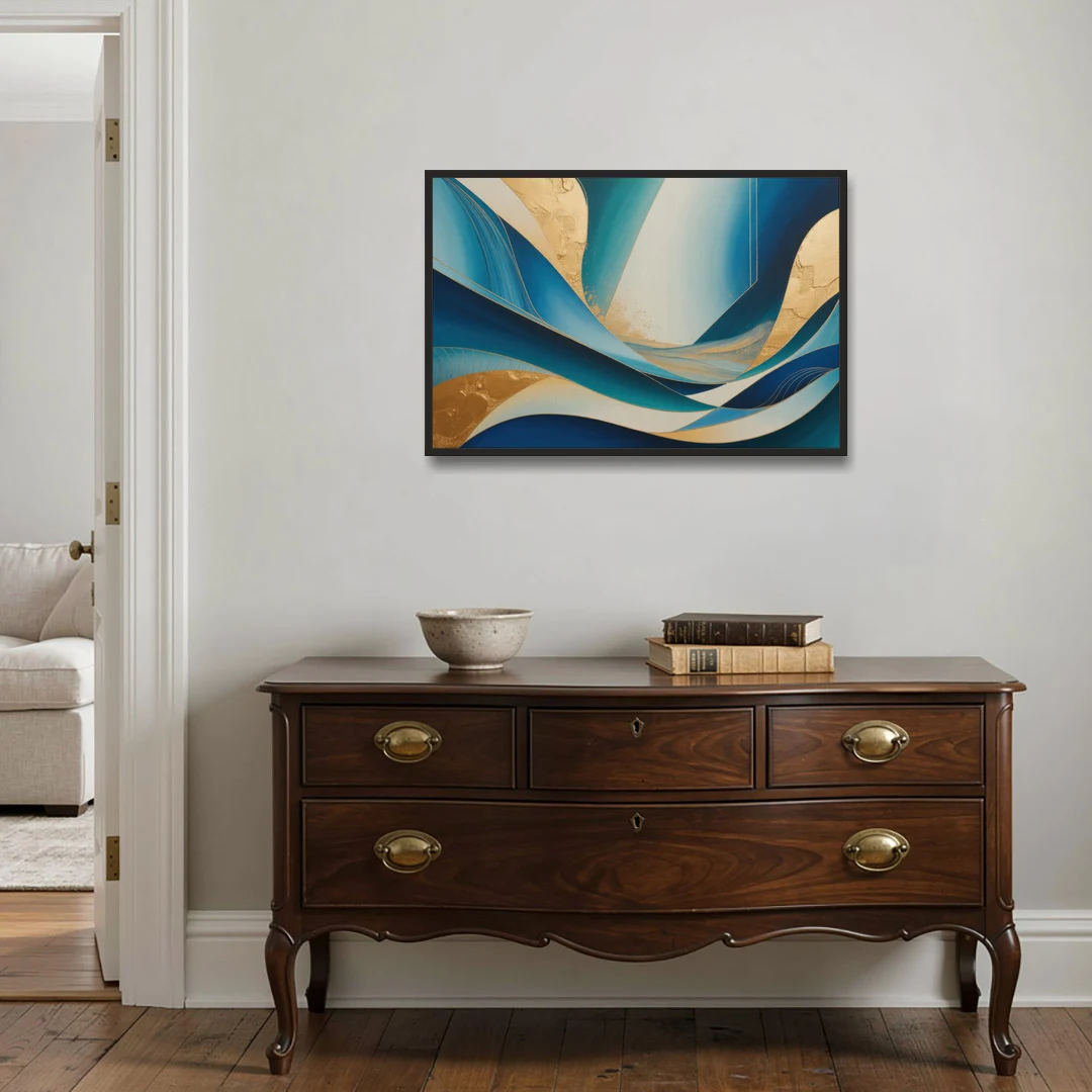 Sophisticated Tranquility Blue and Gold Abstract - Black Framed Canvas Wall Art - Coffee Table - 36x24