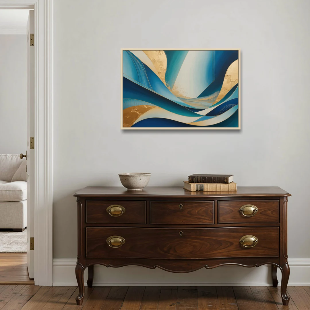 Sophisticated Tranquility Blue and Gold Abstract - Oak Framed Canvas Wall Art - Coffee Table - 36x24