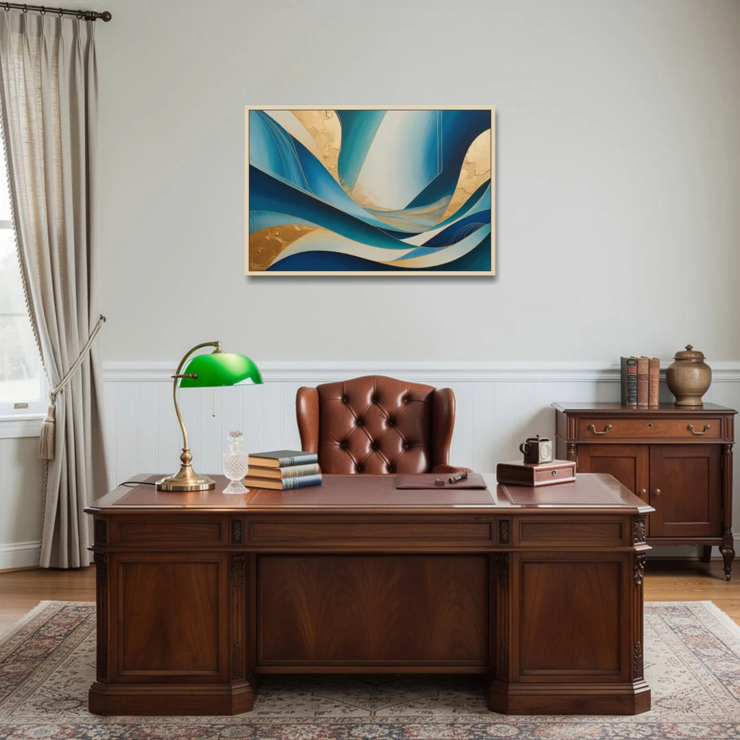Sophisticated Tranquility Blue and Gold Abstract - Oak Framed Canvas Wall Art - Office - 36x24