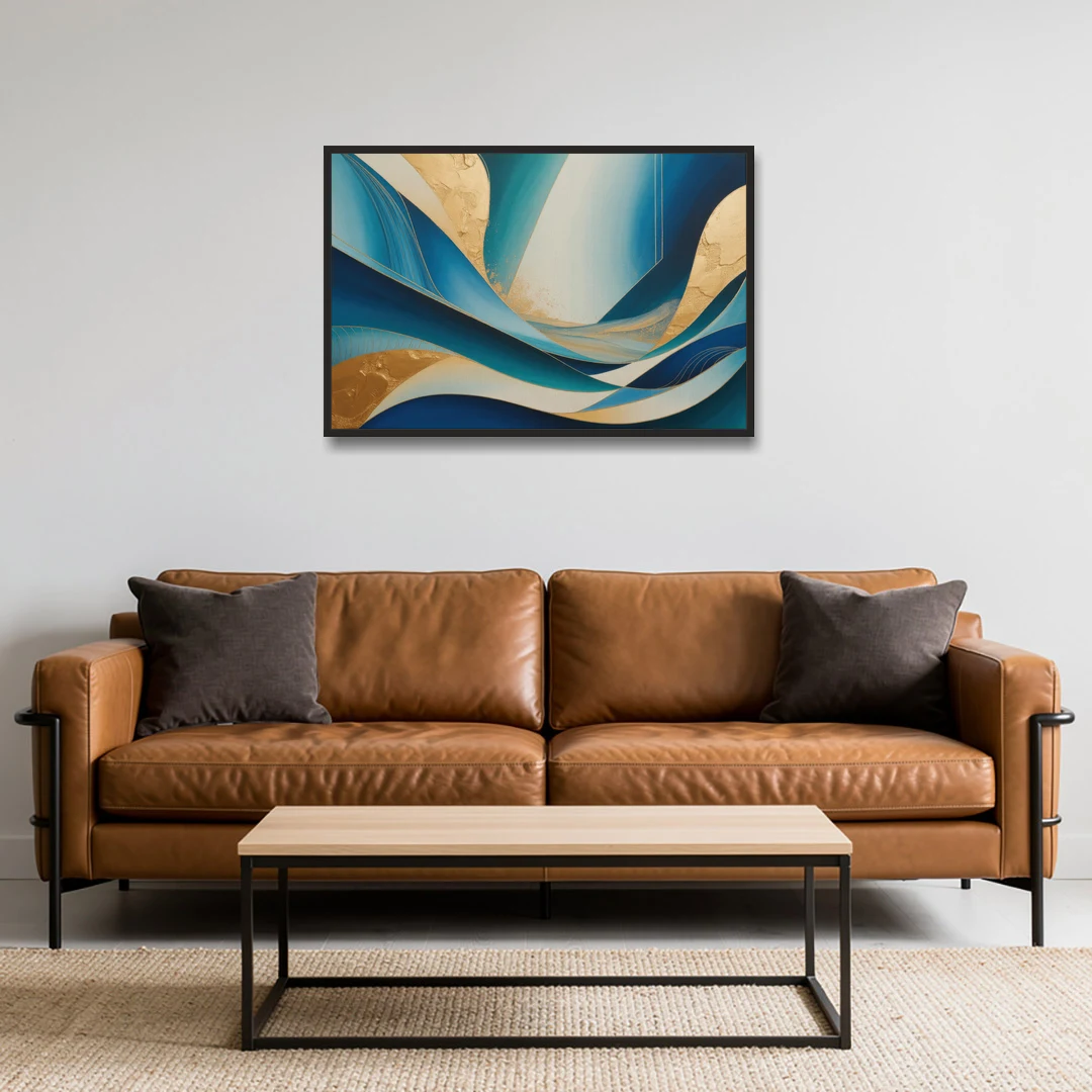 Sophisticated Tranquility Blue and Gold Abstract - Black Framed Canvas Wall Art - Sofa - 36x24