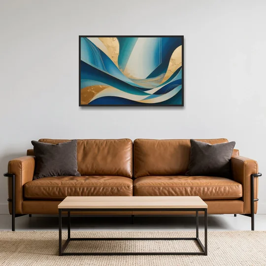 Sophisticated Tranquility Blue and Gold Abstract - Black Framed Canvas Wall Art - Sofa - 36x24