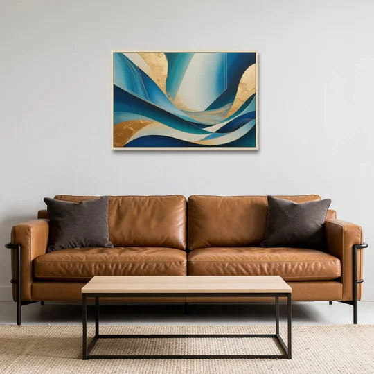 Sophisticated Tranquility Blue and Gold Abstract - Oak Framed Canvas Wall Art - Sofa - 36x24