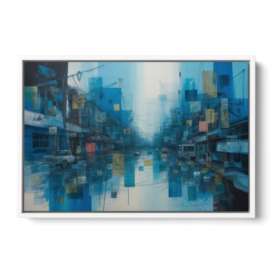 Sophisticated Urban Blue Abstract - White Framed Canvas Wall Art - Front