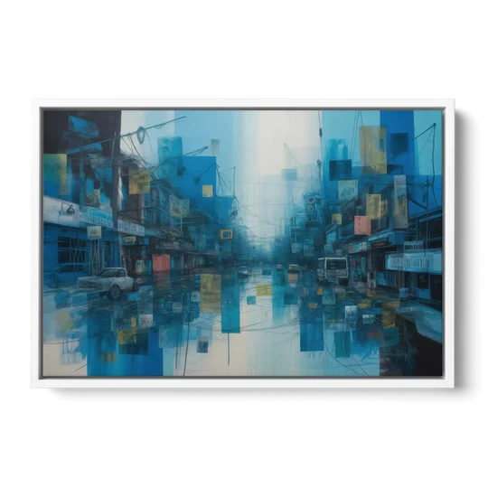 Sophisticated Urban Blue Abstract - White Framed Canvas Wall Art - Front