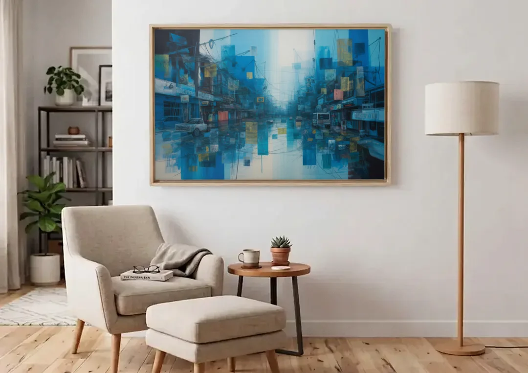 Sophisticated Urban Blue Abstract canvas wall art above an armchair in a bright living room