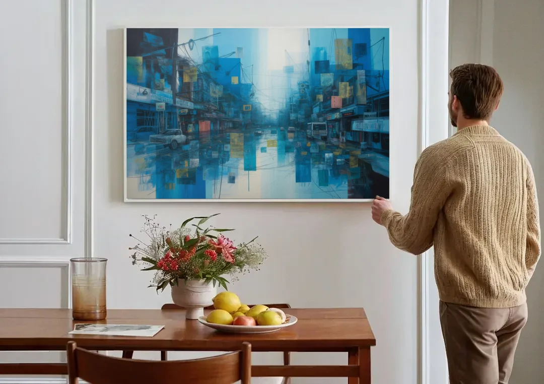 Sophisticated Urban Blue Abstract canvas wall art above a dining table
