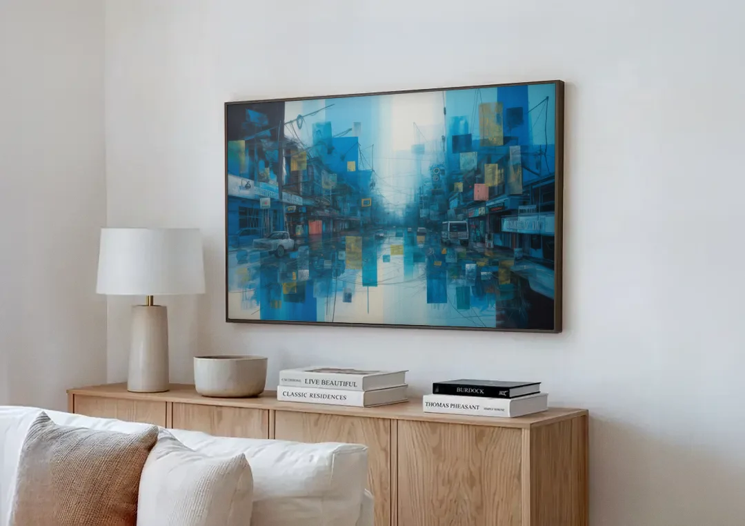 Sophisticated Urban Blue Abstract canvas wall art above a wooden sideboard next to a sofa