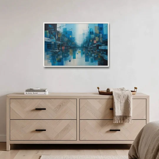 Sophisticated Urban Blue Abstract - White Framed Canvas Wall Art - Coffee Table - 36x24
