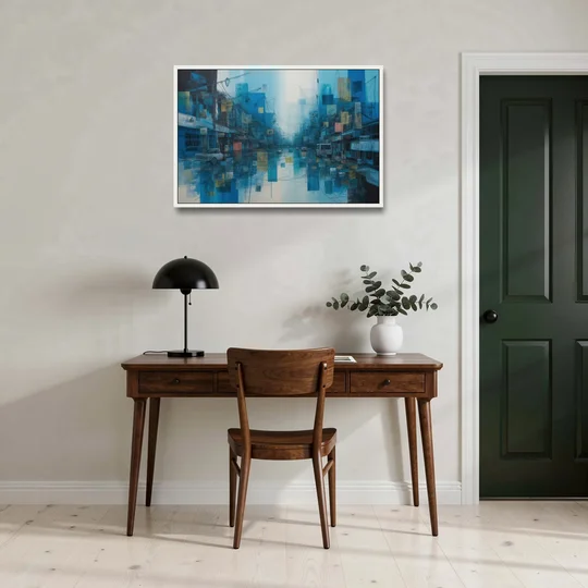 Sophisticated Urban Blue Abstract - White Framed Canvas Wall Art - Office - 36x24