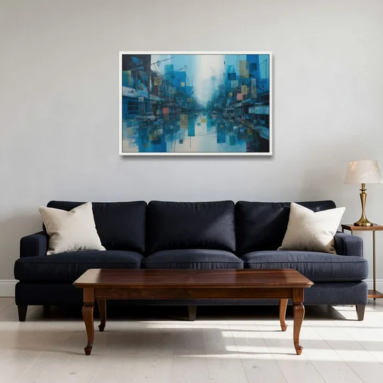Sophisticated Urban Blue Abstract - White Framed Canvas Wall Art - Sofa - 36x24