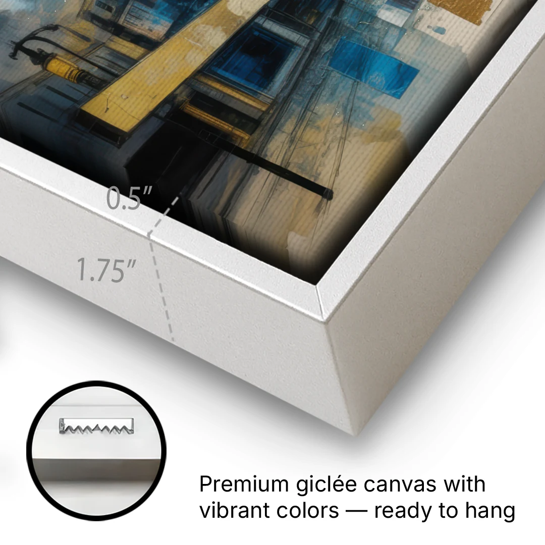 Sophisticated Urban Blue Gold Abstract - White Framed Canvas Wall Art - Gallery Wrap Corner