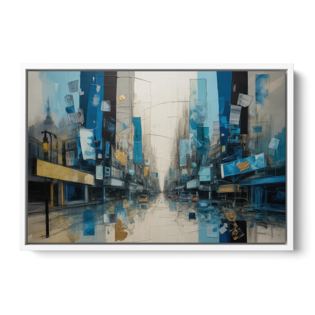 Sophisticated Urban Blue Gold Abstract - White Framed Canvas Wall Art - Front