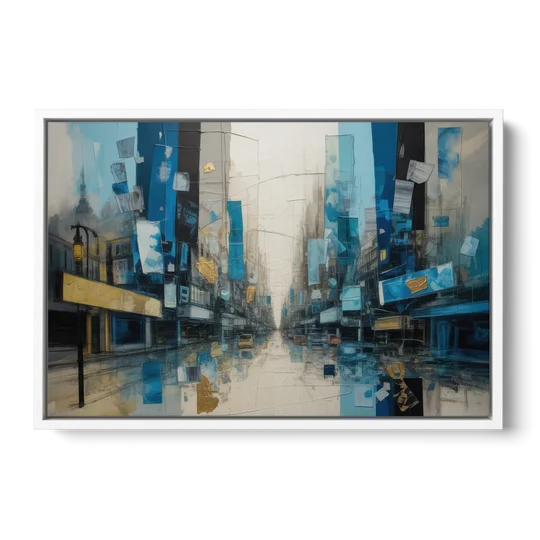 Sophisticated Urban Blue Gold Abstract - White Framed Canvas Wall Art - Front