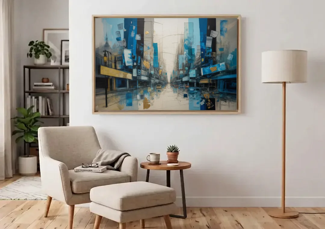 Sophisticated Urban Blue Gold Abstract canvas wall art above an armchair in a bright living room