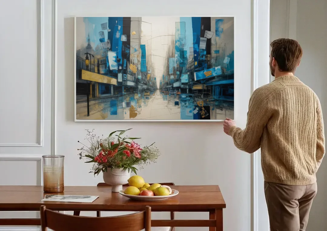Sophisticated Urban Blue Gold Abstract canvas wall art above a dining table