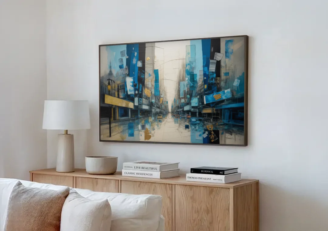 Sophisticated Urban Blue Gold Abstract canvas wall art above a wooden sideboard next to a sofa