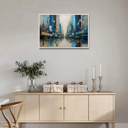 Sophisticated Urban Blue Gold Abstract - White Framed Canvas Wall Art - Coffee Table - 36x24