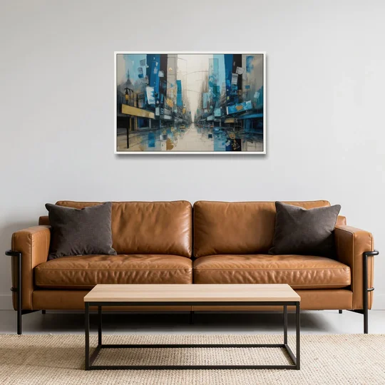 Sophisticated Urban Blue Gold Abstract - White Framed Canvas Wall Art - Sofa - 36x24