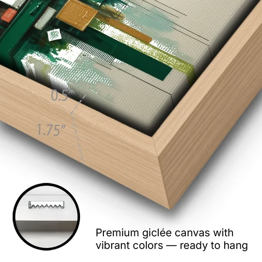Sophisticated Urban Landscape Green Abstract - Oak Framed Canvas Wall Art - Gallery Wrap Corner