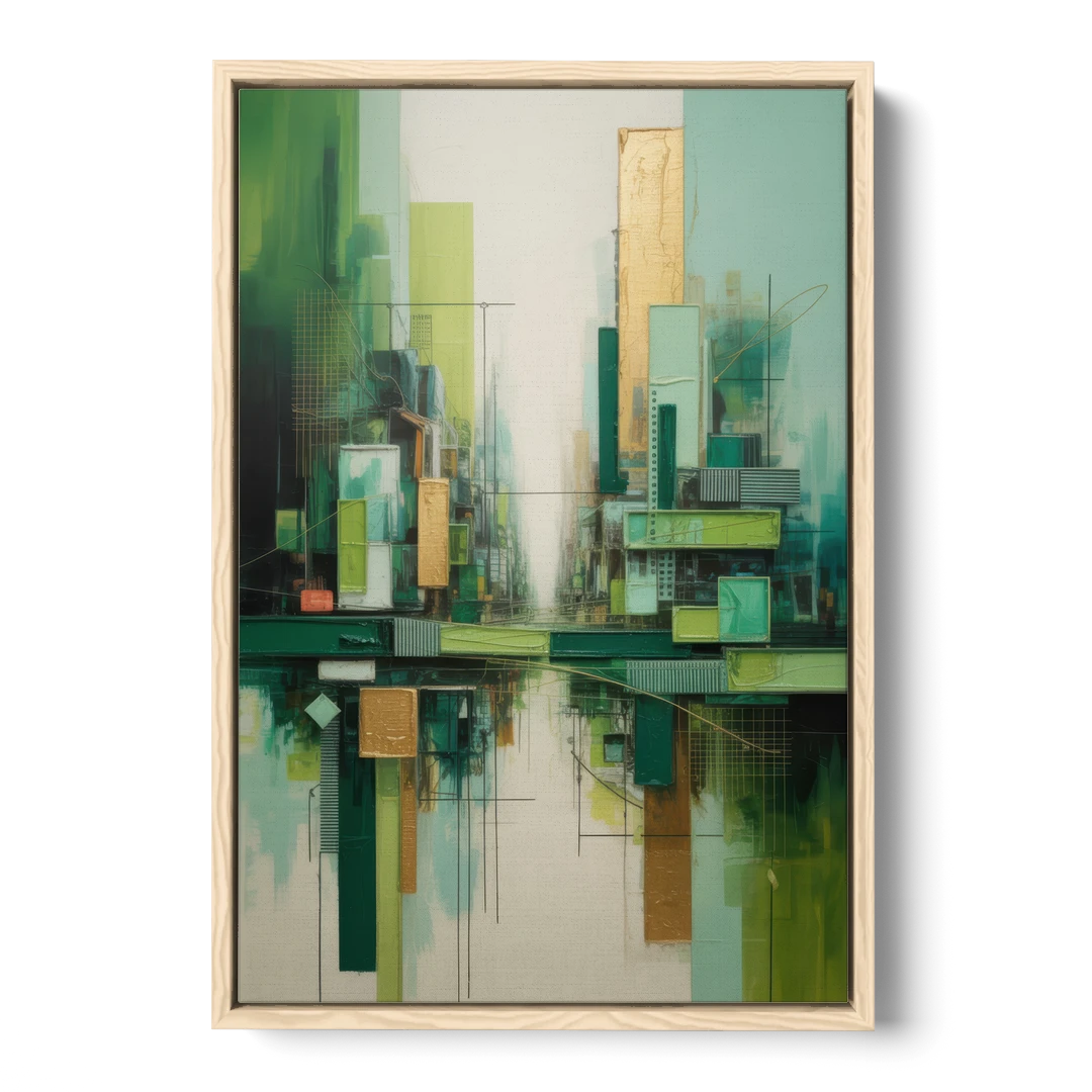 Sophisticated Urban Landscape Green Abstract - Oak Framed Canvas Wall Art - Front