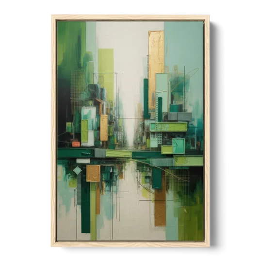 Sophisticated Urban Landscape Green Abstract - Oak Framed Canvas Wall Art - Front