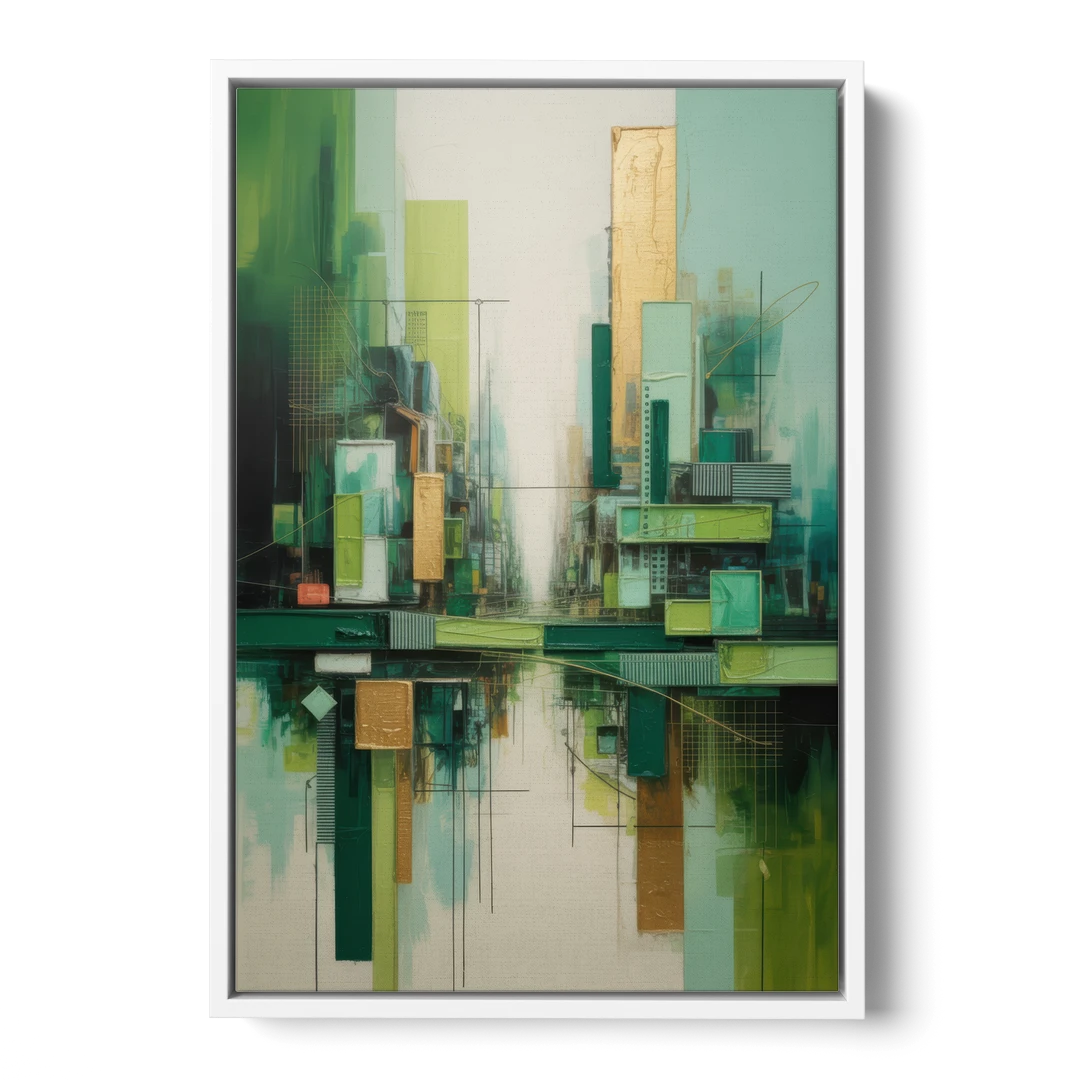Sophisticated Urban Landscape Green Abstract - White Framed Canvas Wall Art - Front