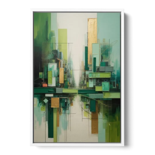 Sophisticated Urban Landscape Green Abstract - White Framed Canvas Wall Art - Front