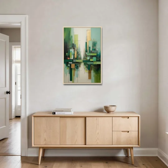 Sophisticated Urban Landscape Green Abstract - Oak Framed Canvas Wall Art - Coffee Table - 24x36