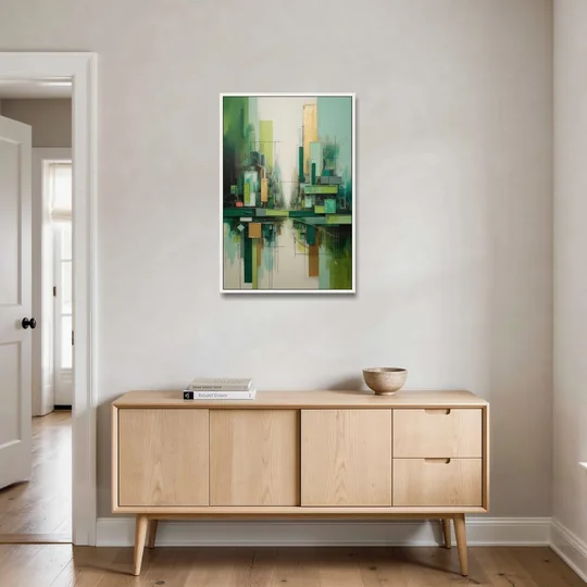 Sophisticated Urban Landscape Green Abstract - White Framed Canvas Wall Art - Coffee Table - 24x36
