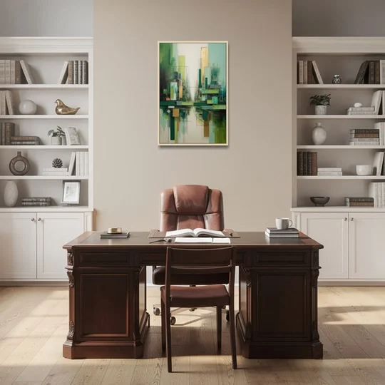Sophisticated Urban Landscape Green Abstract - Oak Framed Canvas Wall Art - Office - 24x36