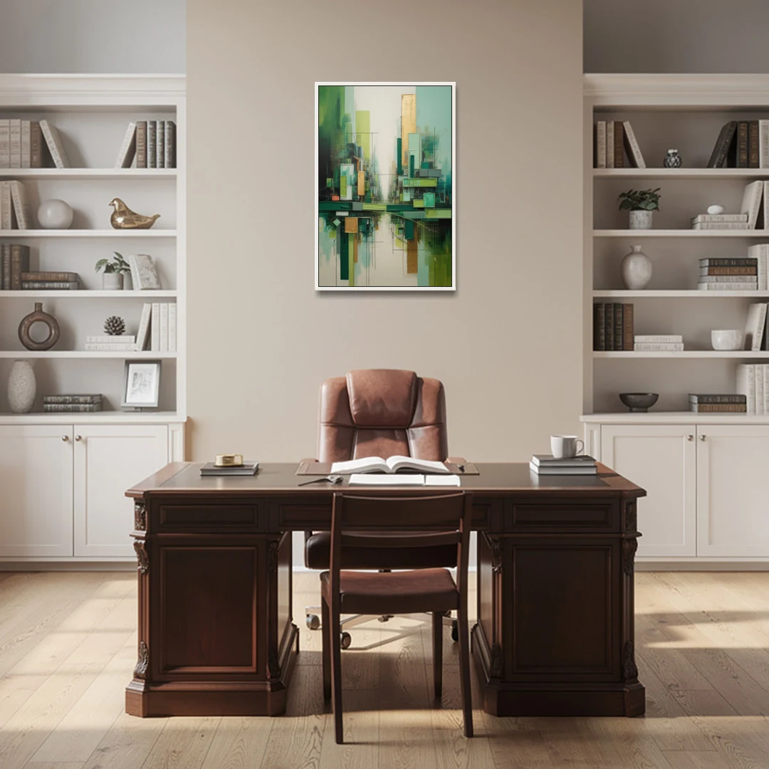 Sophisticated Urban Landscape Green Abstract - White Framed Canvas Wall Art - Office - 24x36