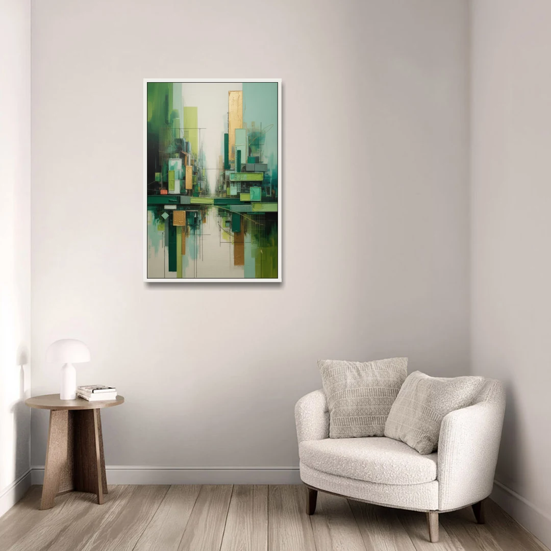 Sophisticated Urban Landscape Green Abstract - White Framed Canvas Wall Art - Sofa - 24x36