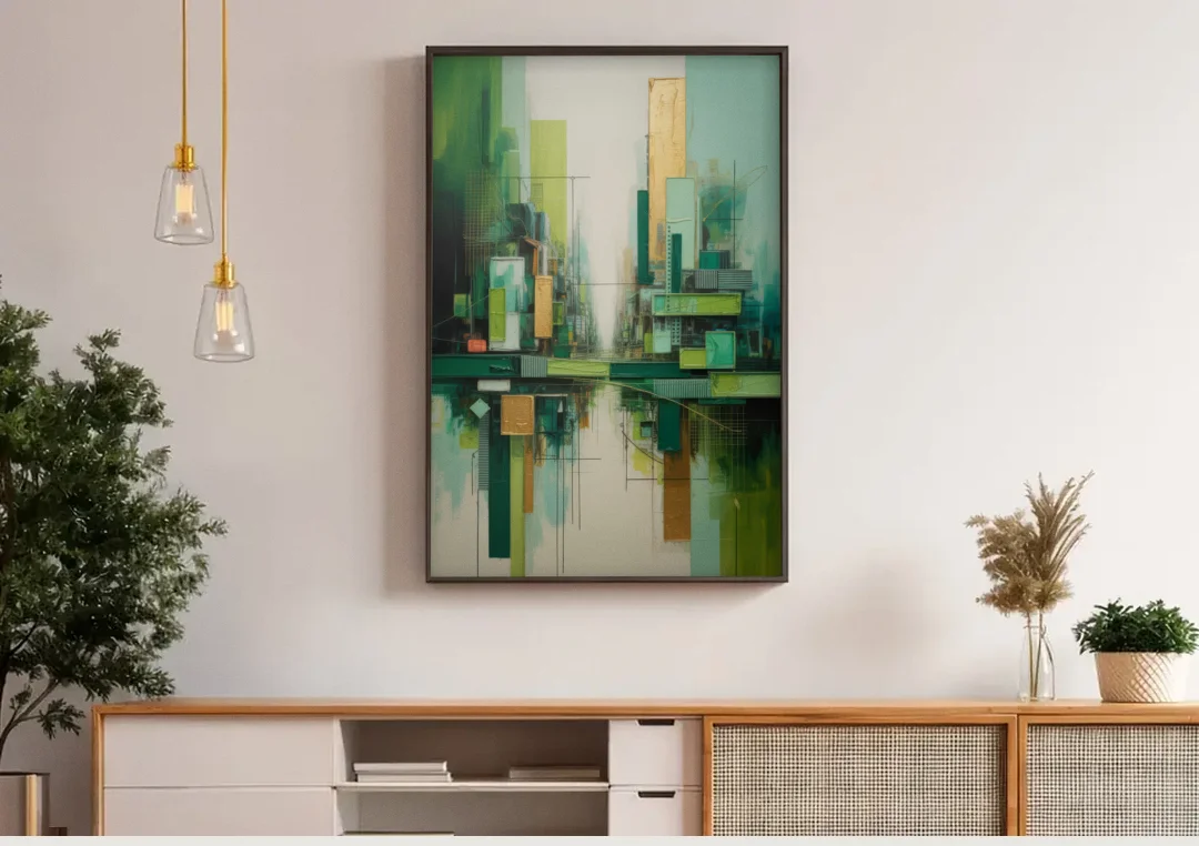 Sophisticated Urban Landscape Green Abstract canvas wall art above a wooden sideboard under pendant lights