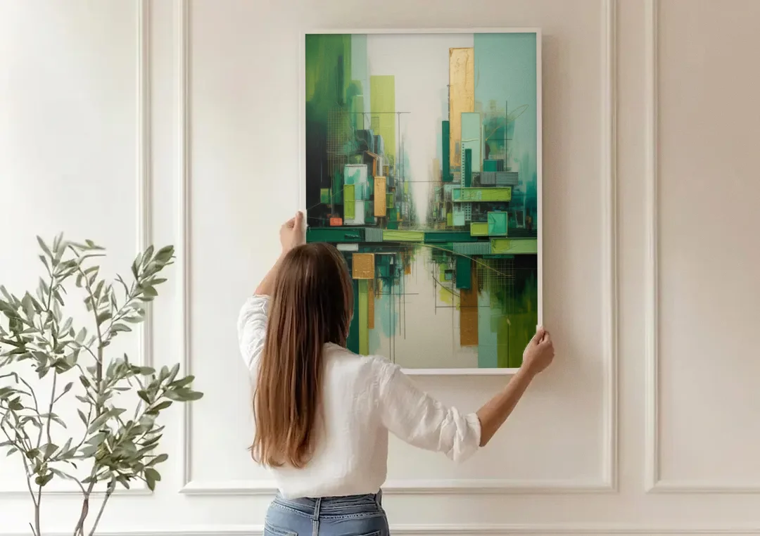 Sophisticated Urban Landscape Green Abstract canvas wall art being hung on a paneled wall