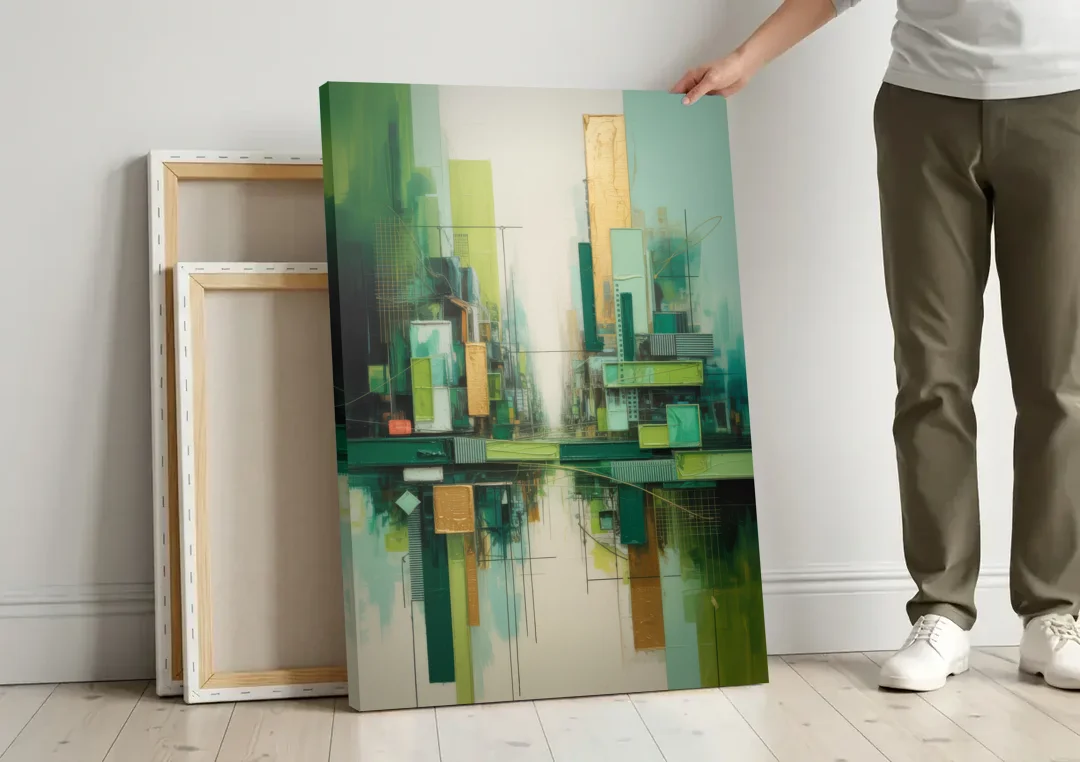 Sophisticated Urban Landscape Green Abstract canvas wall art leaning against a wall next to blank canvases