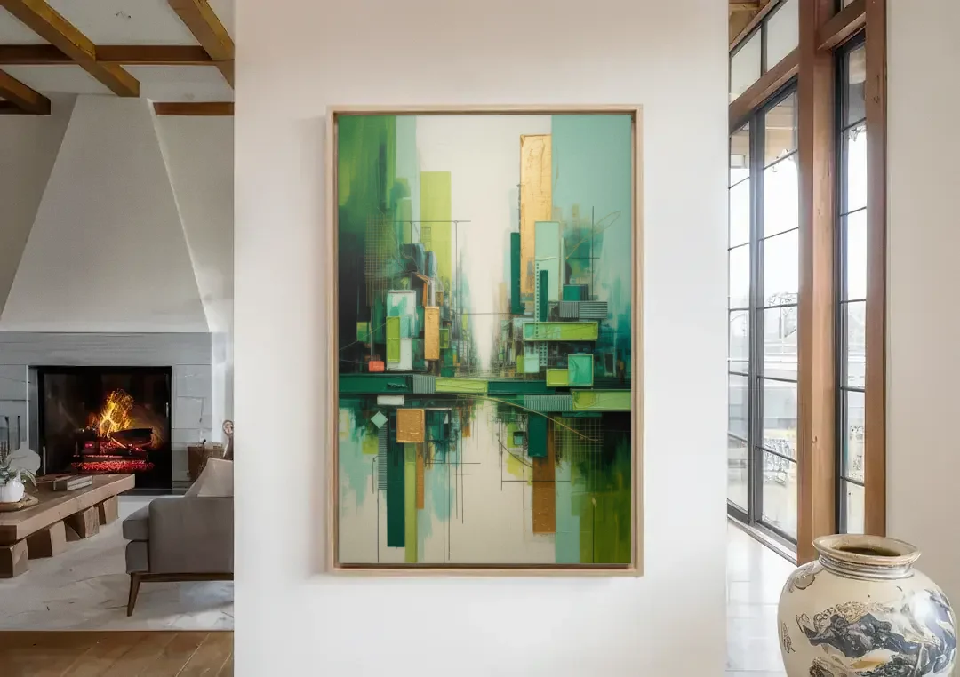 Sophisticated Urban Landscape Green Abstract canvas wall art in a living room with a fireplace