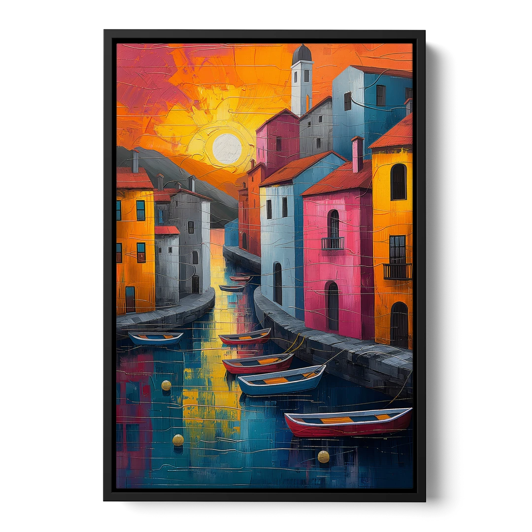 Sorrento Art of a Sunset Harbor - Black Framed Canvas Wall Art - Front