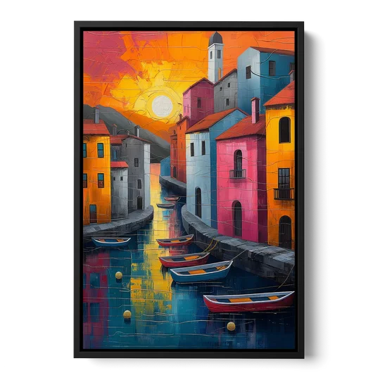 Sorrento Art of a Sunset Harbor - Black Framed Canvas Wall Art - Front